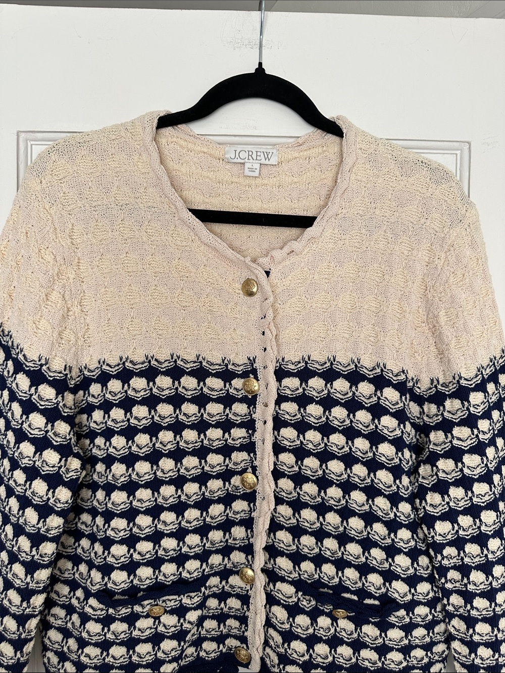 J. CREW Lady Jacket Cardigan Textured Crochet Navy Cream Coastal Sweater L - Picture 3 of 12